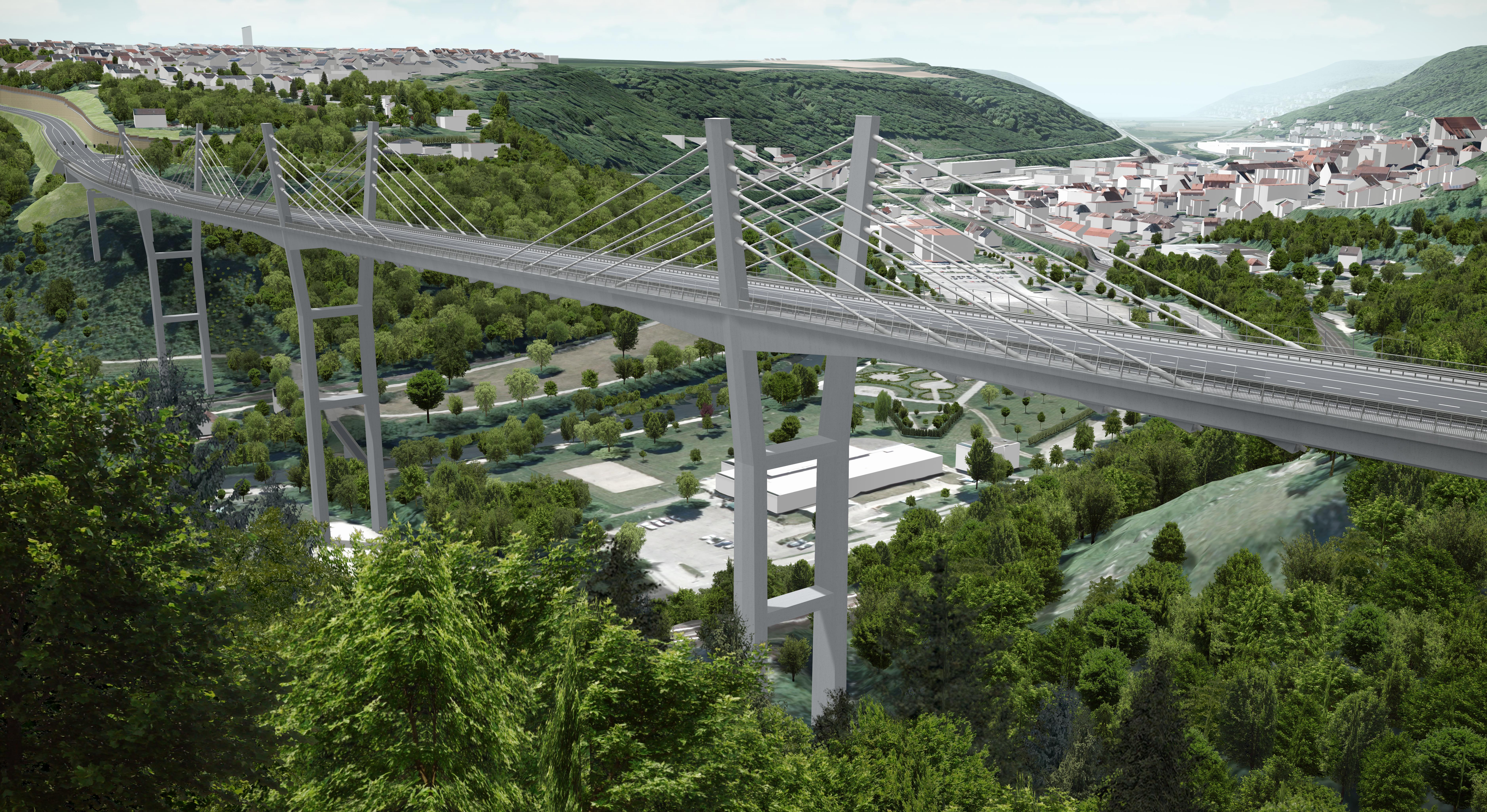 Bauabschnitt 3 - Pylone - Visualisierung des 3. Pylons der Neckartalbrücke mit Blick auf die Stadt Horb