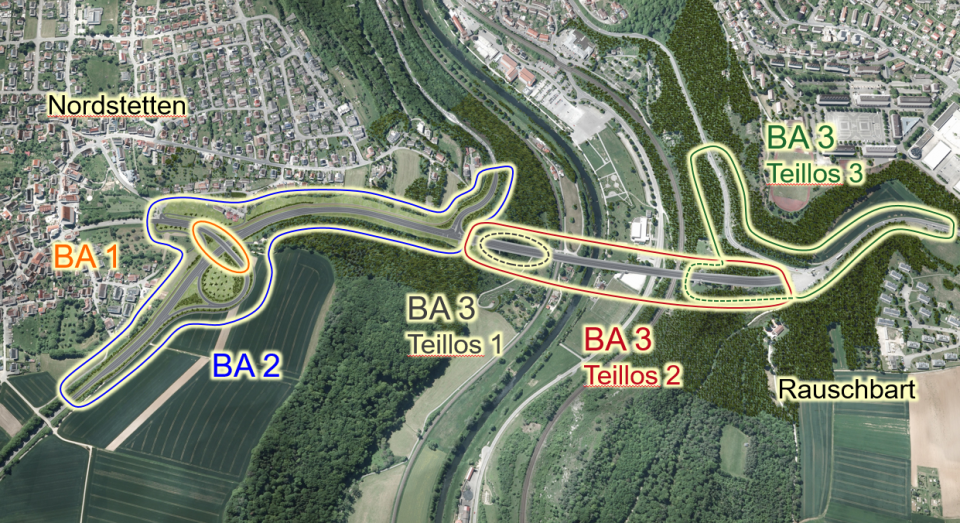 Visualisierung der Bauabschnitte BA 1 bis BA 3